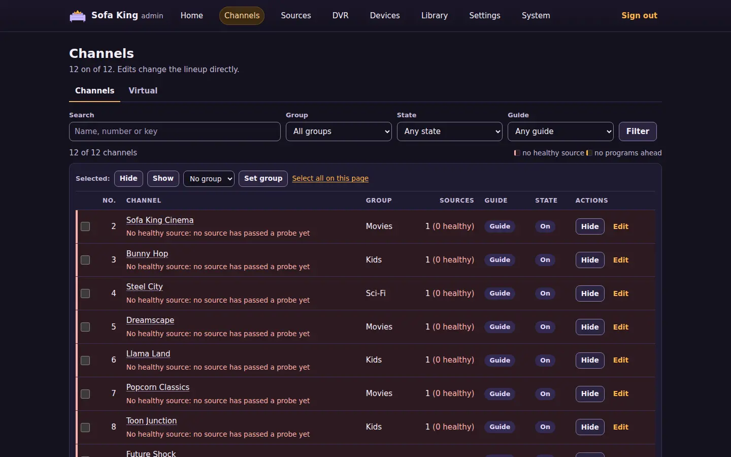 Channels: the lineup with each channel's number, group, sources, guide and state