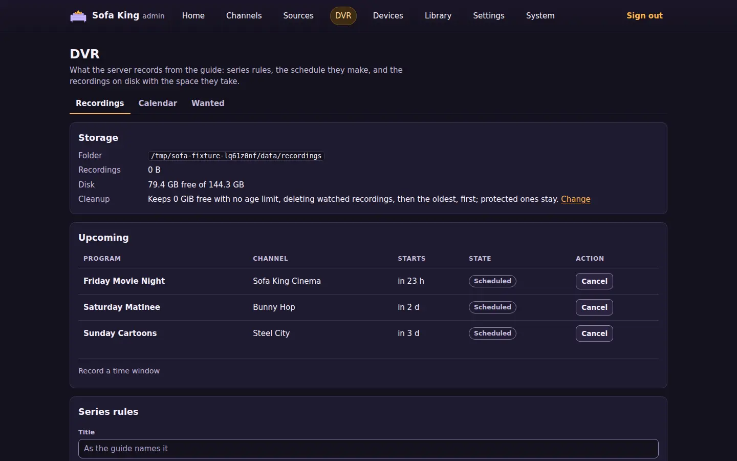 The admin portal's DVR page: storage, upcoming recordings and series rules