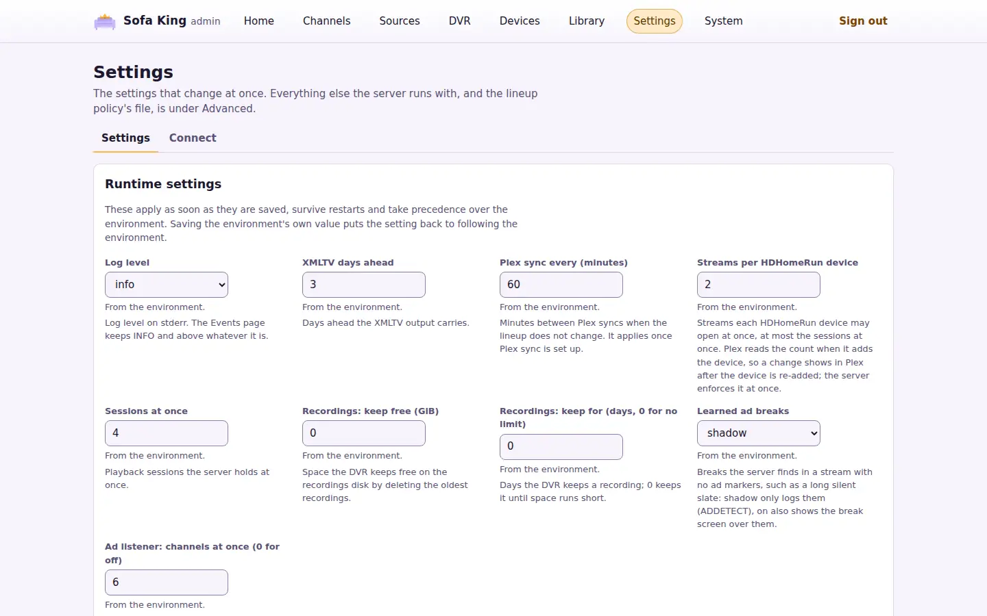 Settings in the light theme: the runtime settings, each with where its value comes from