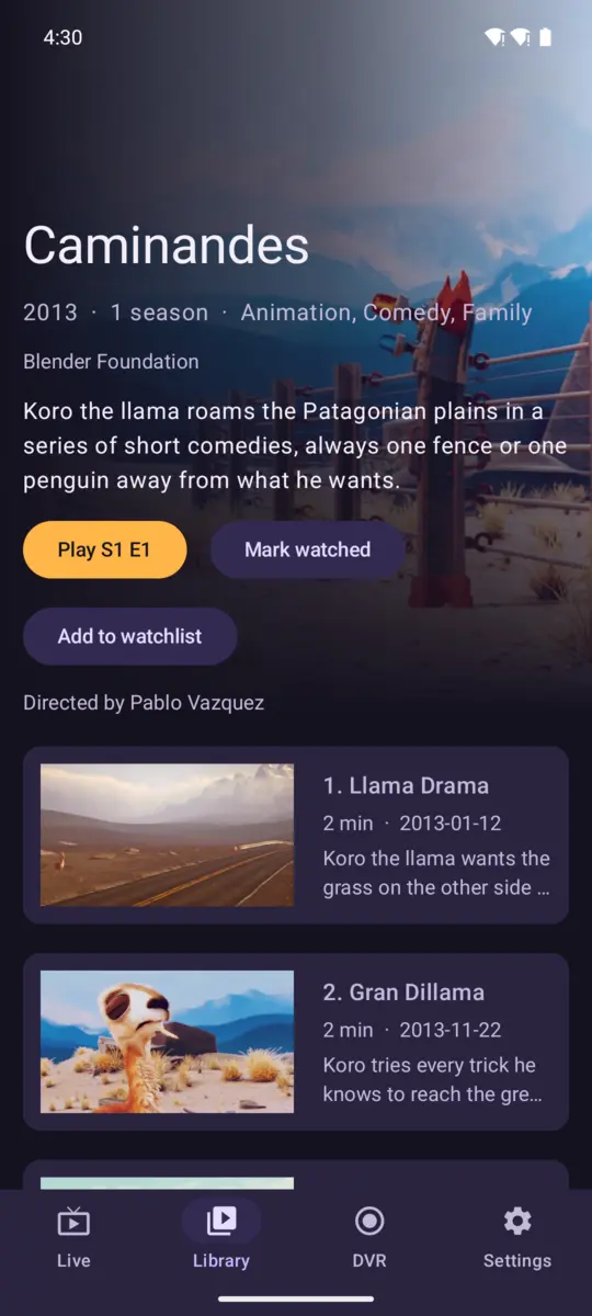 A show's page on an Android phone