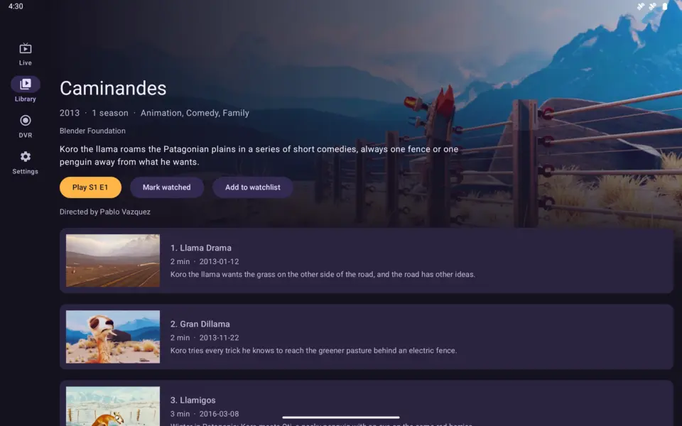 A show's page on an Android tablet
