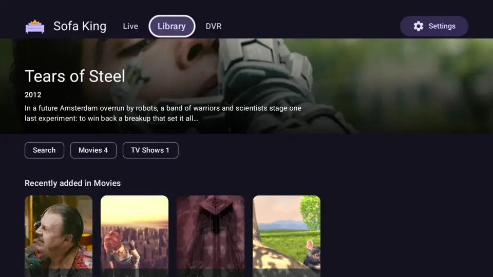 The Library tab on Android TV: a spotlight of the focused title's backdrop and summary over the library chips and recently added movies