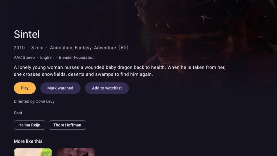 A movie's page on Android TV: details, Play, Mark watched and the cast