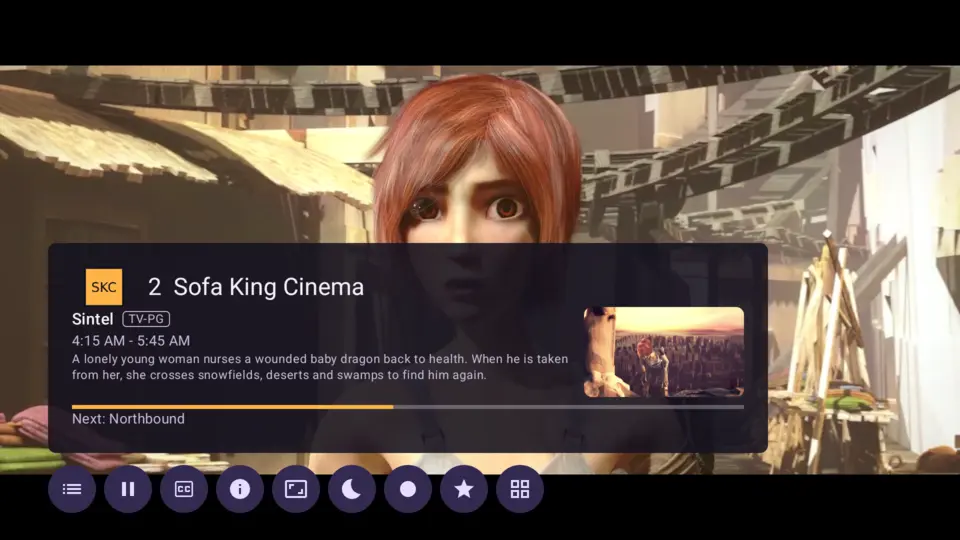 The channel list over a playing channel on Android TV