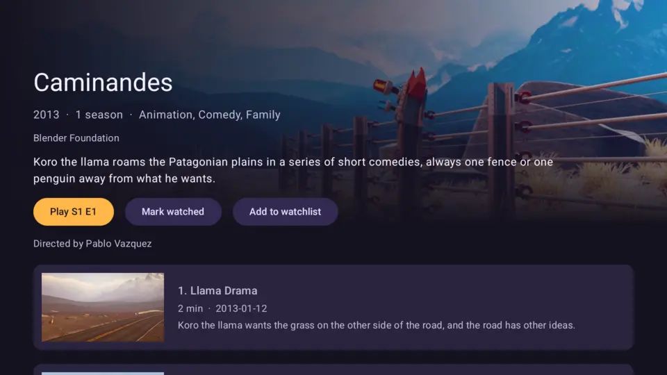 A show's page on Android TV: its seasons, its next episode to play and the episode list