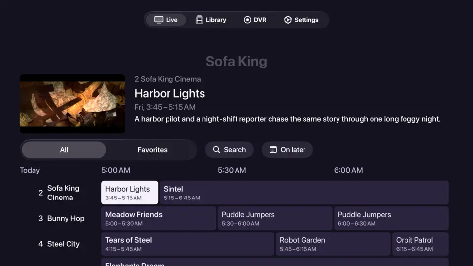 The guide on Apple TV: the focused program's preview and details over All and Favorites, Search, On later and a grid of channels